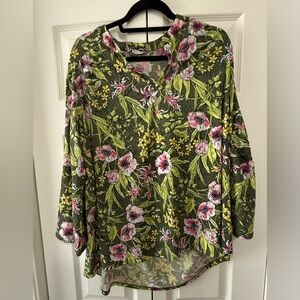 Cato Floral Blouse 18/20W Boho Bell Sleeve Green Pink Top